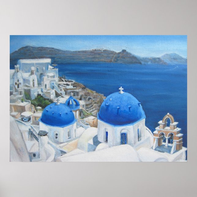 Affiches Peinture à l'huile de l'église bleue Santorin Oia (Devant)