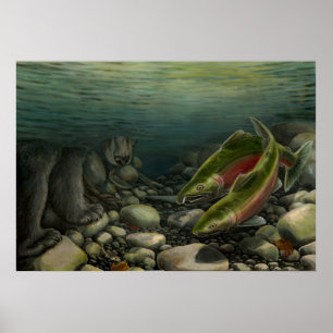Affiches Peinture de la faune imprimés Ours de pêche Saumon