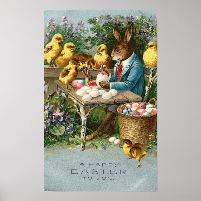 Affiches Peinture de lapin OEufs de Pâques Vintage (Devant)