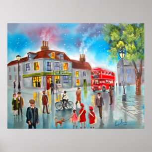 Affiches Peinture de scène rouge de rue d'autobus à 