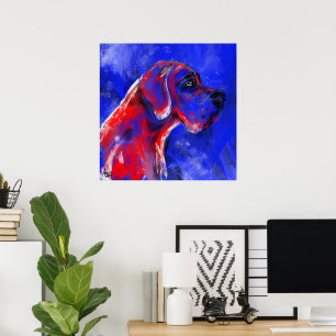 Affiches Peinture Dogue Allemand rouge bleu