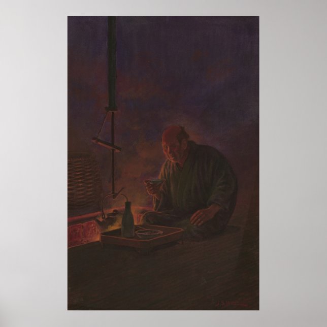 Affiches Peinture d'un saké potable d'homme japonais (Devant)