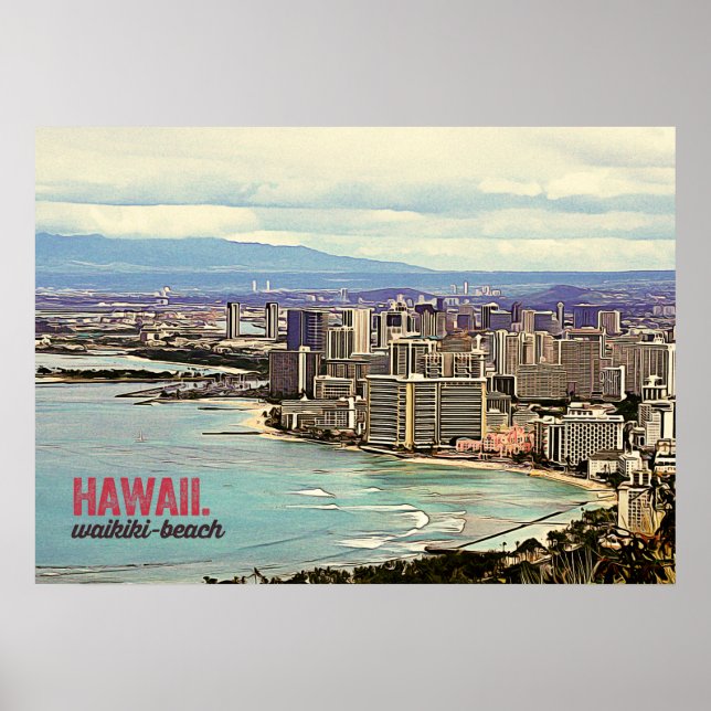 Affiches Peinture rétro Hawaii Waikiki Beach (Devant)