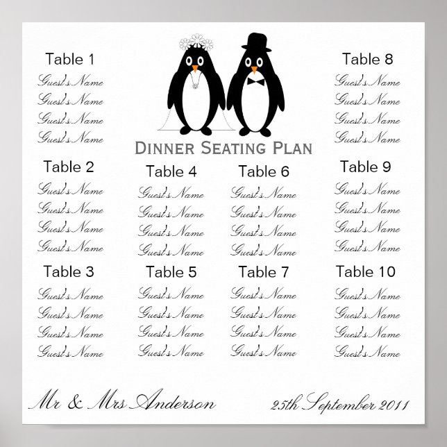 Affiches Penguins Mariage Dîner Plan de siège (Devant)