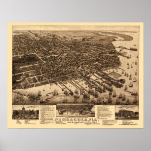 Affiches Pensacola, carte panoramique de FL - 1885
