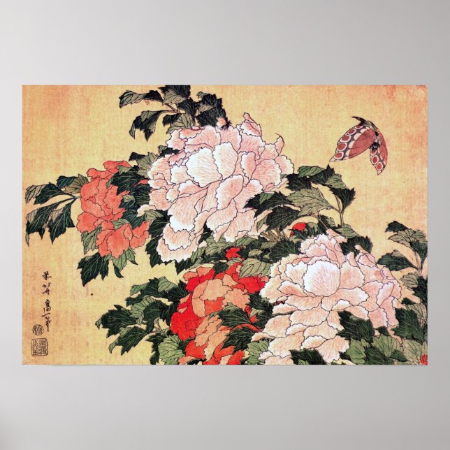 Affiches Peonies et papillon Hokusai (Devant)