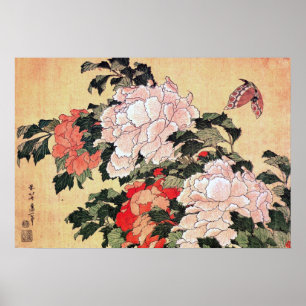 Affiches Peonies et papillons Hokusai