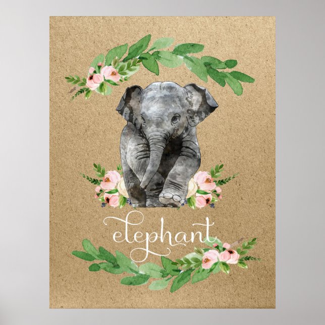 Affiches Pépinière florale rose éléphant Imprimer (Devant)