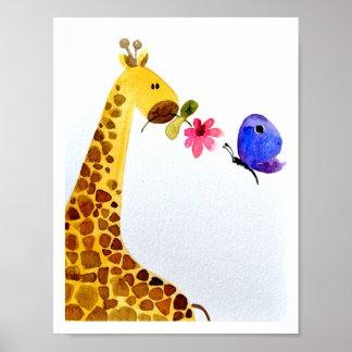 Affiches Pépinière murale art_ Aquarelle Giraffe & papillon