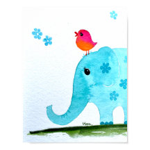 Pépinière wallart_ aquarelle Éléphant et oiseau ro