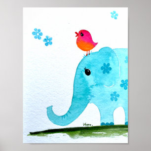 Affiches Pépinière wallart_ aquarelle Éléphant et oiseau ro