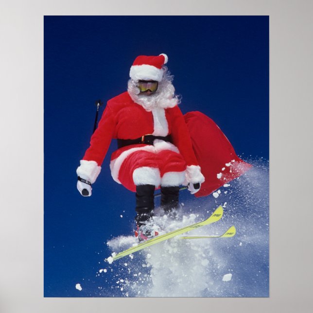Affiches Père Noël en skis sautant d'une corniche à (Devant)