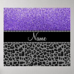 Affiches Personalized name purple glitter black leopard