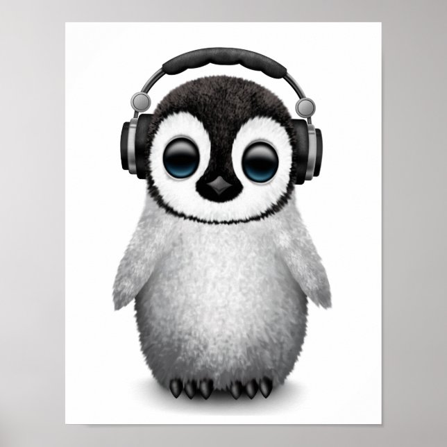 Affiches Personnalisable Bébé Pingouin Dj avec casque (Devant)