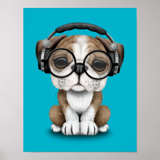 Affiches Personnalisable Bulldog Puppy Dj avec casque (Devant)