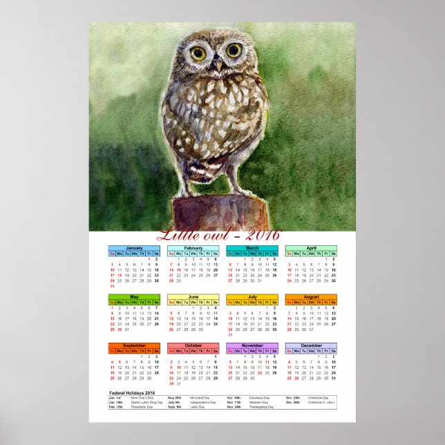 Affiches Petit calendrier aquarelle de chouette 2016 (Devant)