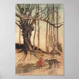 Affiches Petit chaperon rouge vintage en forêt avec loup