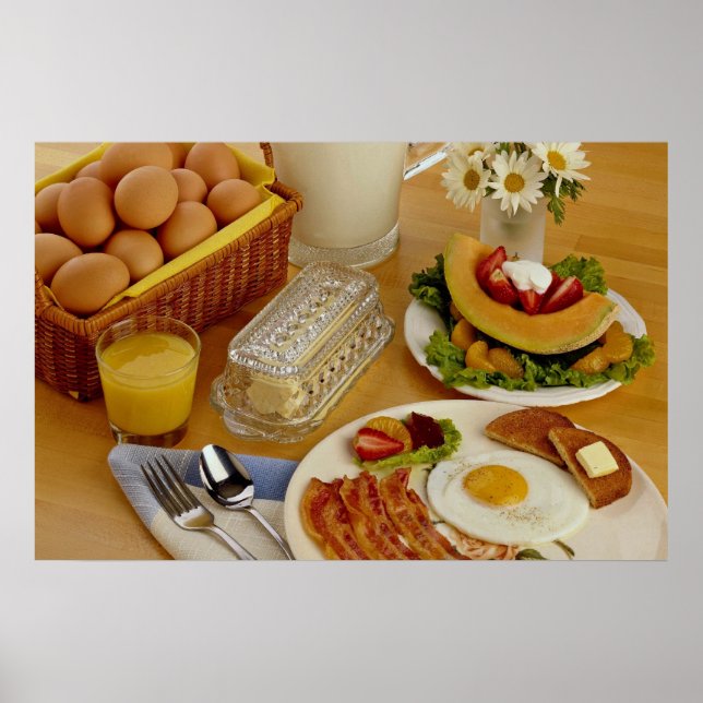 Affiches Petit-déjeuner de bacon, oeufs et cruche de lait (Devant)