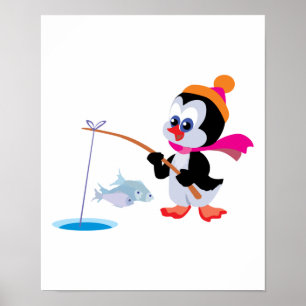 Affiches petit pingouin de pêche à la glace