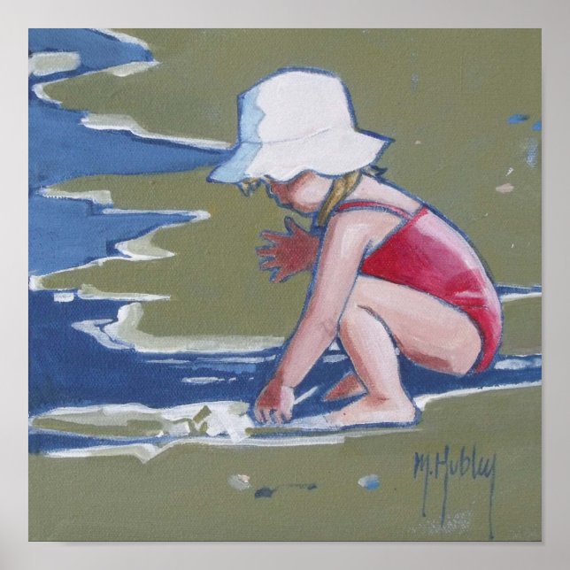 Affiches Petite fille avec casquette sur la plage avec vagu (Devant)