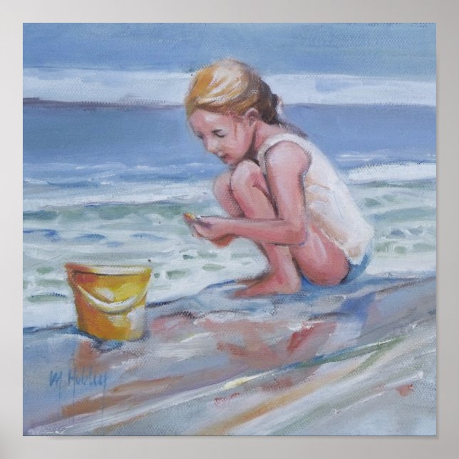 Affiches Petite fille beachcomber avec seau jaune (Devant)