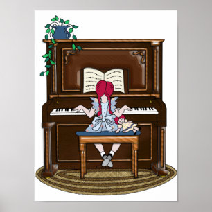 Affiches Petite fille rouge Haired Practicting Piano