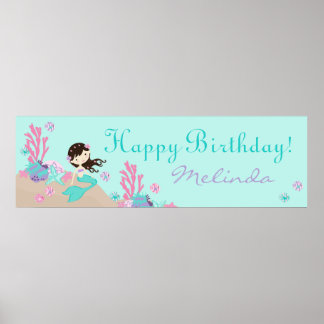 Affiches Petite sirène Bannière d'anniversaire Brunette