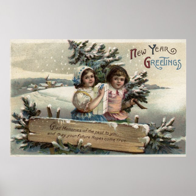 Affiches Petites filles tenant un présent et un arbre (Devant)
