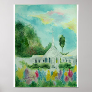 Affiches Peu d'affiche blanche d'aquarelle d'église de pays