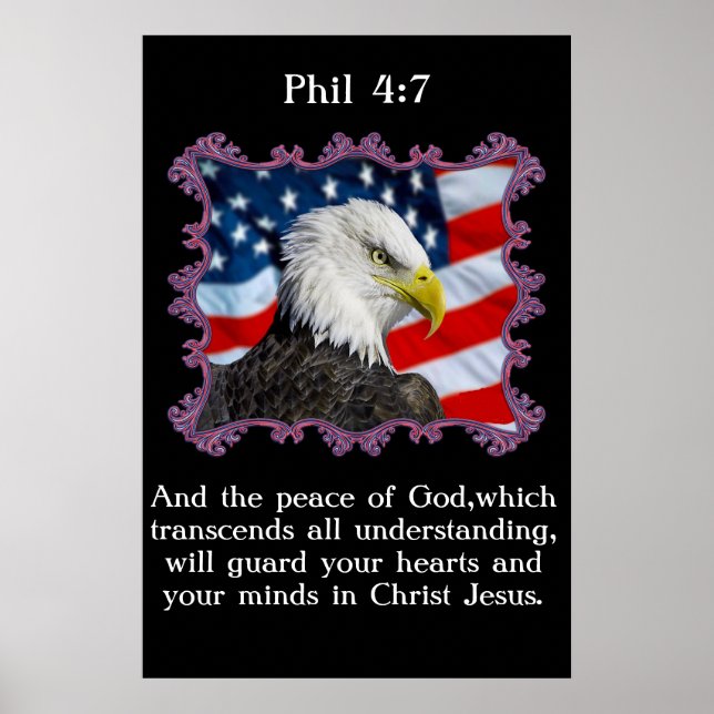 Affiches Phil 4:7 Avec un aigle devant le drapeau américain (Devant)