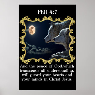 Affiches Phil 4:7 Loups regardant la pleine lune.