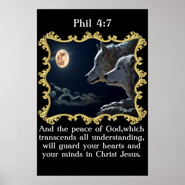 Affiches Phil 4:7 Loups regardant la pleine lune. (Devant)