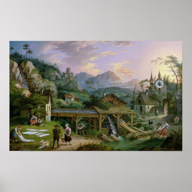 Affiches Photo Horloge avec scène d'un village alpin (Devant)