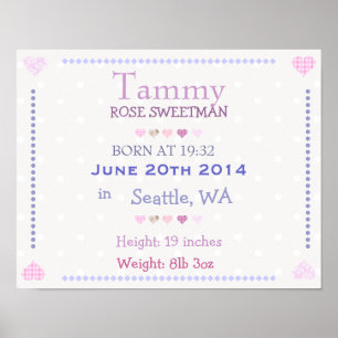 Affiches Pink Baby Girl personalized date of birth print