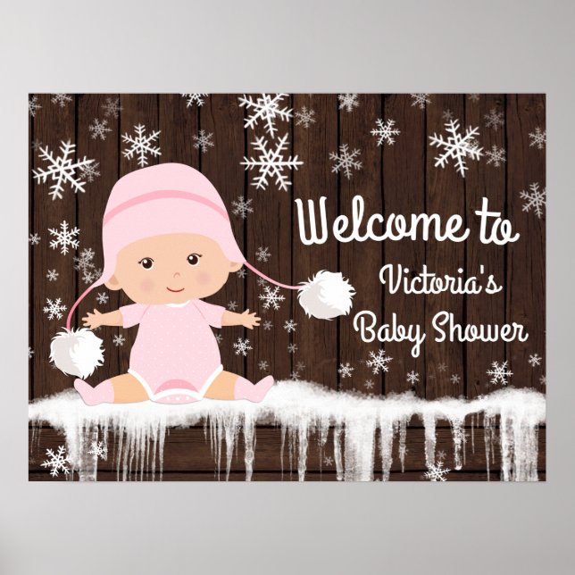 Affiches Pink Snowflake Winter Baby Shower Sign (Devant)