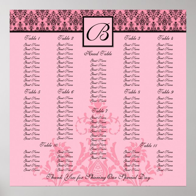 Affiches Pink Wedding Reception Seating Chart - Square (Devant)