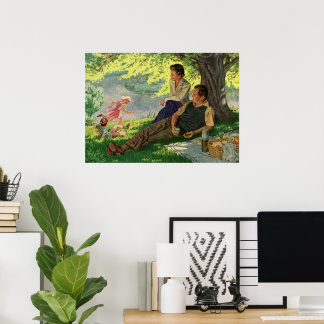 Affiches Pique-nique vintage en famille sous un arbre d'omb