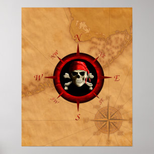 Affiches Pirate Compass Rose Et Carte