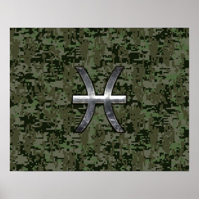 Affiches Pisces Zodiac Sign on Woodland Camouflage numériqu (Devant)