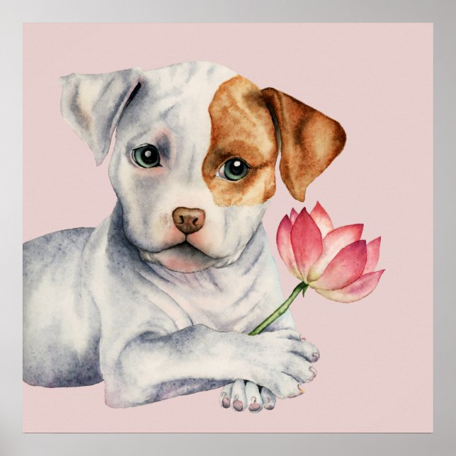 Affiches Pit Bull Puppy Holding Lotus Flower Painting (Devant)
