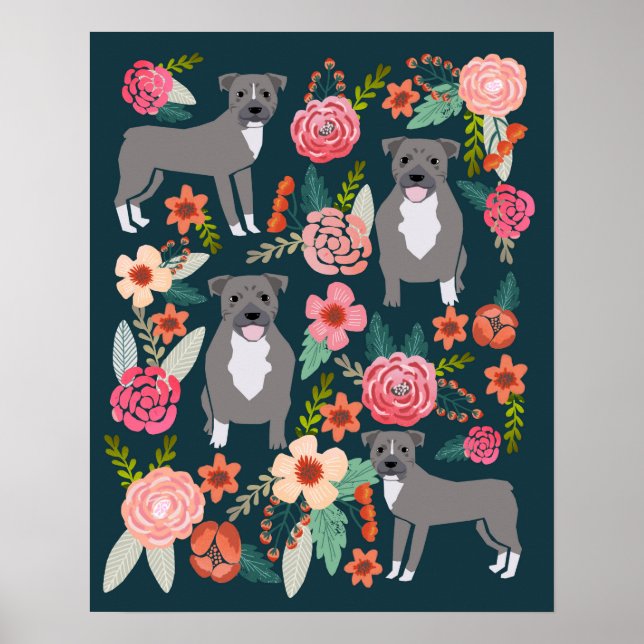 Affiches Pitbull Terrier Floral Chien Art (Devant)