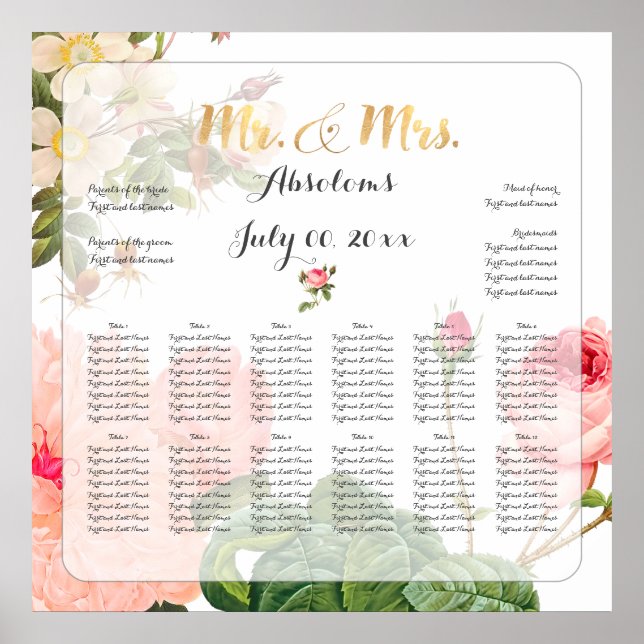 Affiches PixDezines Vintage Roses Seating Chart (Devant)