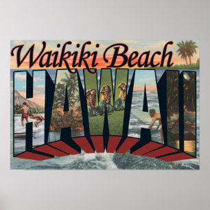 Affiches Plage de Waikiki, Hawaii - Scènes à grandes lettre
