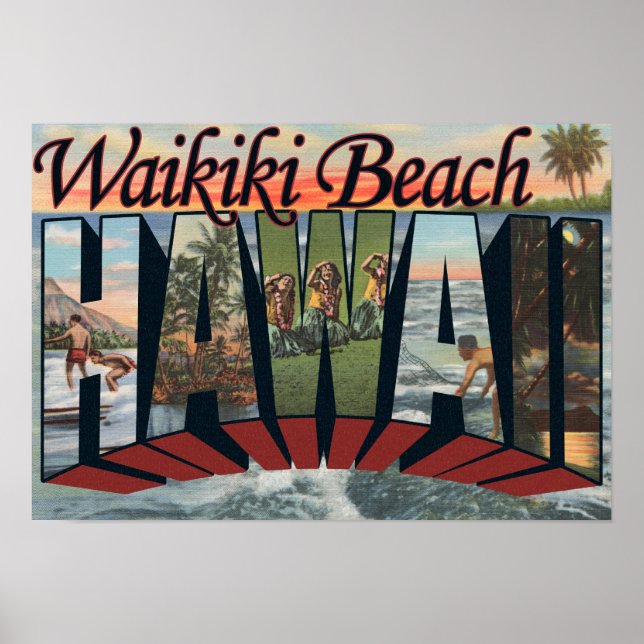 Affiches Plage de Waikiki, Hawaii - Scènes à grandes lettre (Devant)