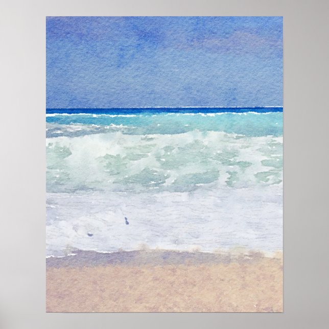Affiches Plage du paysage marin et aquarelle des vagues (Devant)