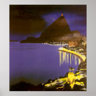 Affiches Plage vintage à Nuit à Rio de Janeiro, Brésil