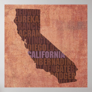 Affiches Plan de l'état de Californie - Word Map sur Toile