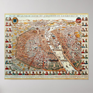 Affiches Plan de Paris bordé par une chronologie