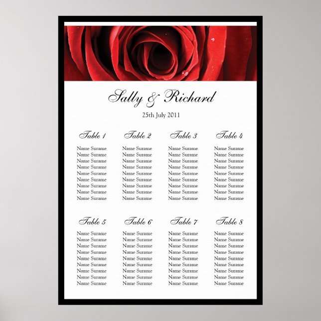 Affiches Plan de siège Mariage Rose rouge (Devant)