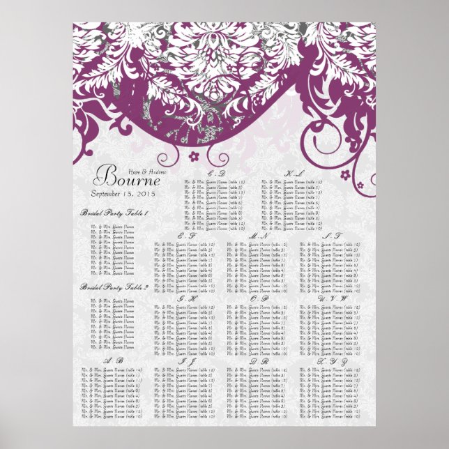 Affiches Plan de table damassé violet par ordre alphabétiqu (Devant)